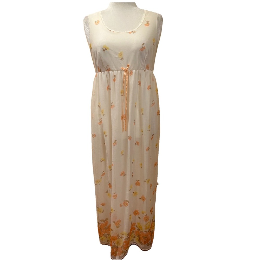 St Michael Vtg Women's Cottage Floral Nightgown Chiffon Maxi 70s Milkmaid‎ Small